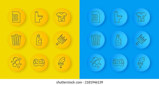 Set line Soap water bubbles, Trash can, Bottle for cleaning agent, Rubber cleaner windows, Laundry detergent, Dirty t-shirt and Toilet bowl icon. Vector