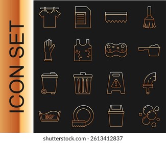 Set line Soap water bubbles, Rubber cleaner for windows, Washing powder, Sponge, Dirty t-shirt, gloves, Drying clothes and  icon. Vector