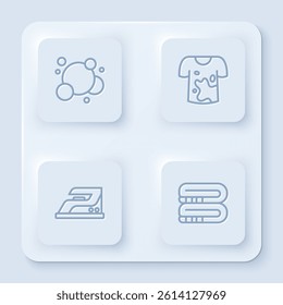 Set line Soap water bubbles, Dirty t-shirt, Electric iron and Towel stack. White square button. Vector
