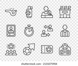 Set line Soccer football ball, Sport mechanical scoreboard, Football player press conference, Whistle, Stopwatch, soccer ticket and referee icon. Vector