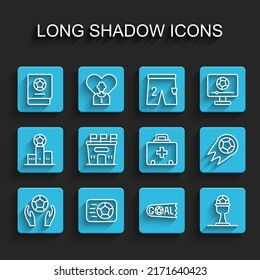 Set line Soccer football ball, Football learning book, Goal soccer, Award cup and, stadium,  and First aid kit icon. Vector
