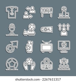 Set line Soccer football ball, Football match on TV, or soccer player, Goal, shoes, Award cup and, jersey t-shirt and  icon. Vector