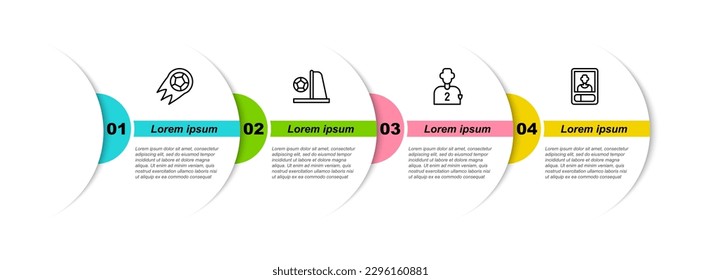 Set line Soccer football ball, Football goal with, or soccer player and card. Business infographic template. Vector