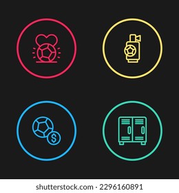 Set line Soccer football ball, Locker or changing room, Air horn and  icon. Vector