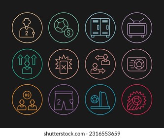 Set line Soccer football ball, Locker or changing room, Red card, Football soccer player, Substitution and  icon. Vector