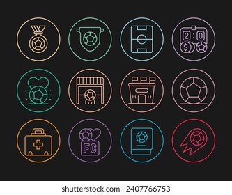 Set line Soccer football ball, Football field, goal with, or soccer medal, stadium and flag pennant icon. Vector