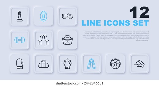 Set line Soccer football ball, Hockey puck, Jump rope, Sport expander, Dumbbell, bag, American Football and Punch in boxing gloves icon. Vector