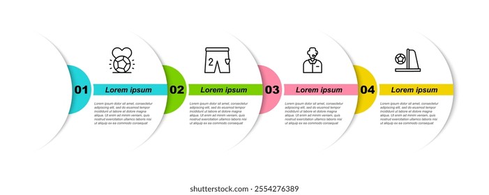Set line Soccer football ball, Shorts for playing, Football soccer commentator and goal with. Business infographic template. Vector