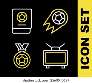 Set line Soccer football ball, Football match on TV, or soccer medal and learning book icon. Vector