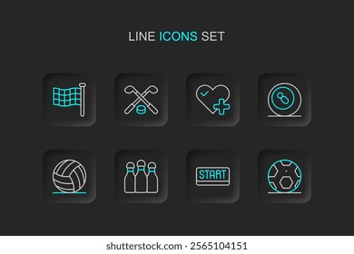 Set line Soccer football ball, Ribbon in finishing line, Bowling pin, Volleyball, Billiard pool snooker, Heart rate, Ice hockey sticks and puck and Checkered flag icon. Vector