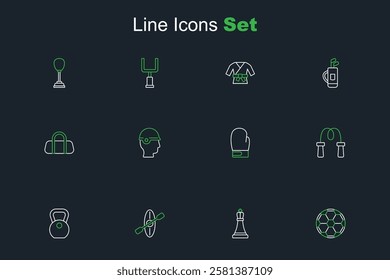 Set line Soccer football ball, Chess, Kayak and paddle, Weight, Jump rope, Boxing glove, Baseball helmet and Sport bag icon. Vector