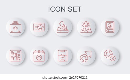 Set line Soccer football ball, Championship tournament bracket, Football player press conference, First aid kit, or soccer calendar and field icon. Vector