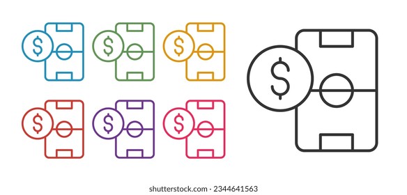 Set line Soccer football betting money icon isolated on white background. Football bet bookmaker. Soccer betting online make money. Set icons colorful. Vector
