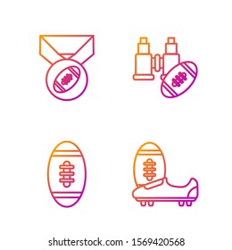 Set line Soccer or football shoes with spikes, American Football ball, American Football ball with medal and Binoculars and american football ball. Gradient color icons. Vector