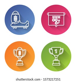 Set line Soccer or football shoes with spikes, Planning strategy concept, Award cup and American football ball and Award cup. Color circle button. Vector