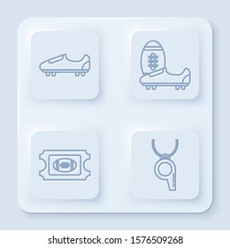 Set line Soccer or football shoes with spikes, Soccer or football shoes with spikes, American Football ticket and Whistle. White square button. Vector