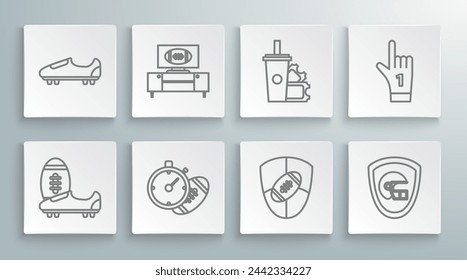 Set line Soccer or football shoes with spikes, Football stopwatch, shield, helmet, ticket paper glass soda drinking straw, Number 1 one fan hand glove finger raised and  icon. Vector