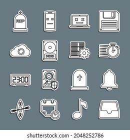 Set line Social media inbox, Ringing bell, Stopwatch, Dead laptop, Hard disk drive HDD, Cloud sync refresh, Tombstone with RIP written and Server setting icon. Vector