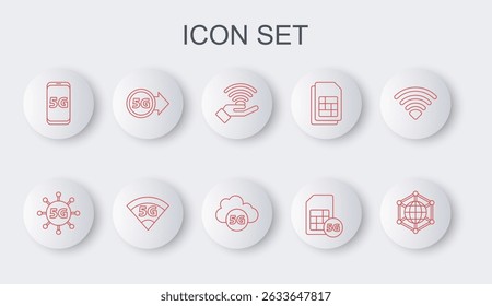 Set line Social network, 5G, Sim Card, Mobile with,  and Cloud icon. Vector