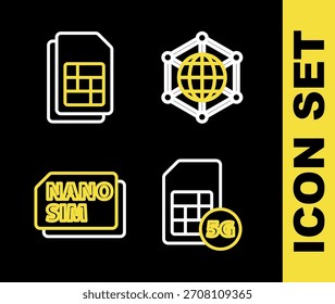 Set line Social network, 5G Sim Card, Nano and card icon. Vector