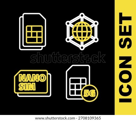 Set line Social network, 5G Sim Card, Nano and card icon. Vector