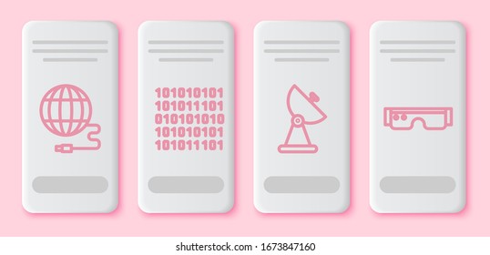 Set line Social network, Binary code, Radar and Smart glasses. White rectangle button. Vector