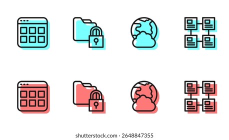 Establecer línea de red social, archivos del navegador, carpeta y bloqueo e icono de organograma de jerarquía. Vector