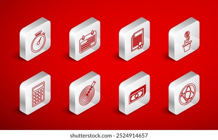 Establecer línea Red social, calendario, Plantilla de certificado, planta de dólar en el bote, pila dinero en efectivo de papel, cronómetro, objetivo con flecha e ícono de calculadora. Vector
