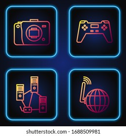 Set Line Social Network, Computer Network, Mirrorless Kamera und Gamepad. Farbsymbole. Vektorillustration