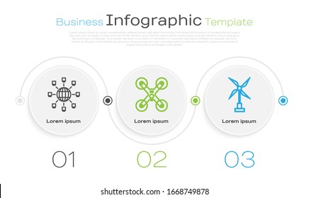 Set Line Social Network, Drone Fliege und Wind Turbine. Infografik-Vorlage für Unternehmen. Vektorillustration