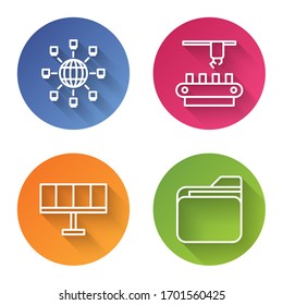 Set-Line Social Network, Fabrik-Förderband-System, Solar-Energie-Panel und Dokumentordner. Farbkreisknopf. Vektorillustration