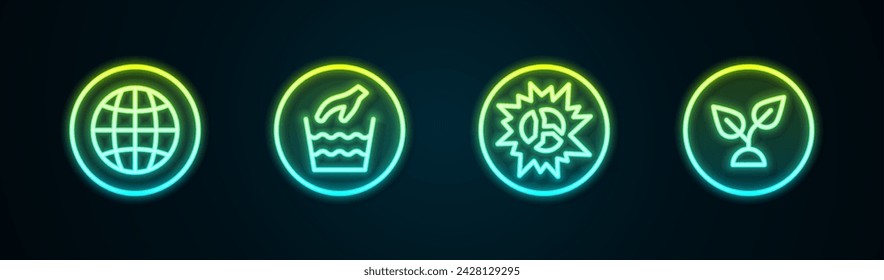 Red social, Lavado a mano, Explosión de bomba y Planta basada. Icono de neón brillante. Vector