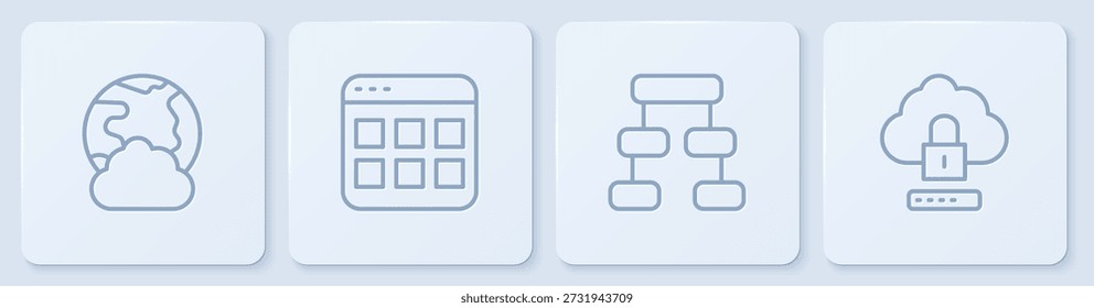 Set line Social Network, Hierarchie Organogramm Diagramm, Browser-Dateien und Cloud Computing Lock. Weißer quadratischer Knopf. Vektorgrafik