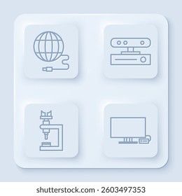 Set line Social network, Motion sensor, Microscope and Smart Tv. White square button. Vector