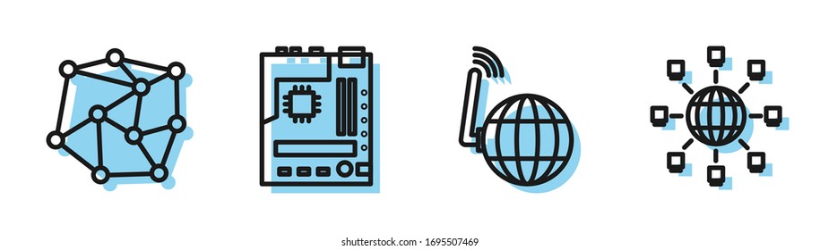 Establecer línea Red social, red neuronal, tarjeta madre e icono de red social. Vector