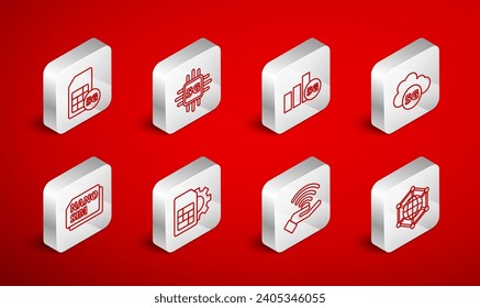 Set line Social network, Processor 5G, Cloud, Sim Card, card setting and Nano icon. Vector