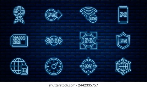 Set line Social network, Protective shield 5G, Nano Sim Card, Antenna,  and  icon. Vector