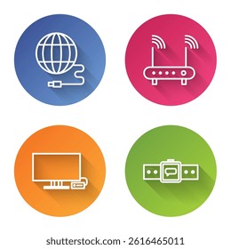 Set line Social network, Router and wi-fi signal, Smart Tv and Smartwatch. Color circle button. Vector
