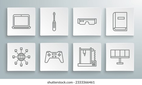 Set line Social network, Screwdriver, Gamepad, 3D printer, Solar energy panel, Smart glasses, User manual and Laptop icon. Vector