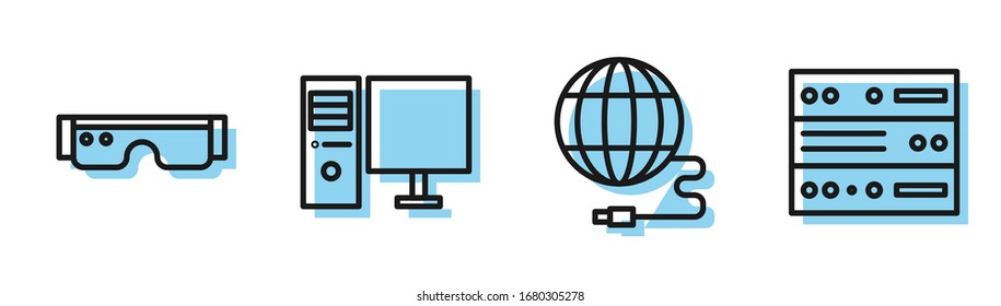Establecer línea Red social, anteojos inteligentes, monitor de PC y servidor, datos, icono de hospedaje web. Vector