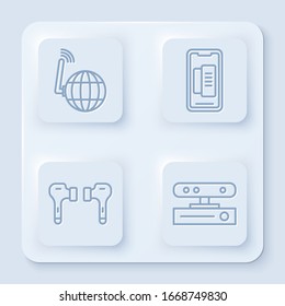 Establecer la red social, Smartphone, teléfono móvil, auriculares de aire y sensor de movimiento. Botón cuadrado blanco. Vector