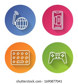 Set line Social network, Smartphone, mobile phone, Pills in blister pack and Gamepad. Color circle button. Vector