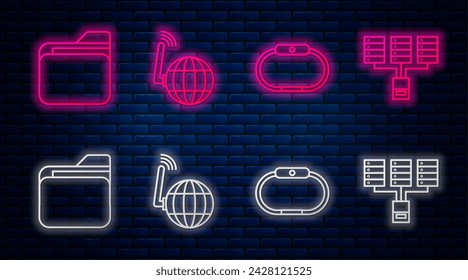 Set line Social network, Smartwatch, Document folder and Server, Data, Web Hosting. Glowing neon icon on brick wall. Vector
