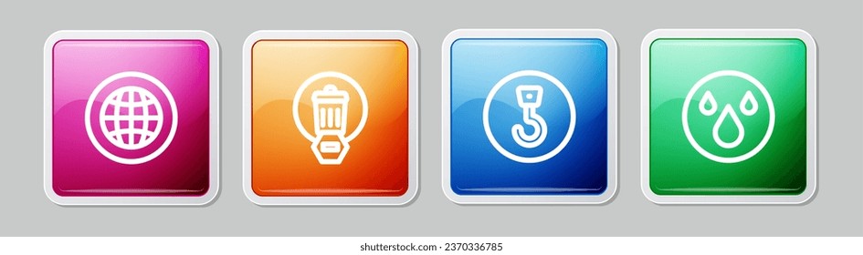 Set Line Social Network, Mülleimer, Industrial Haken und Wassertropfen. Farbige Quadrat-Taste. Vektorgrafik