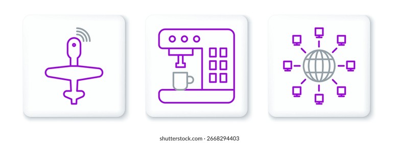Set line Social network, UAV Drone and Coffee machine icon. Vector