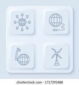 Set line Social network, Social network, Social network and Wind turbine. White square button. Vector