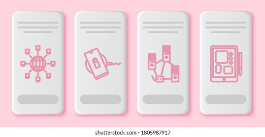 Establecer la línea Red social, Cargador inalámbrico, red informática y tablet gráfica. Botón rectángulo blanco. Vector