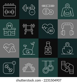 Set line Socks, Broken weight, Headphones, Barbell, Bench with barbell, Gym building, Calendar fitness and Heart rate icon. Vector