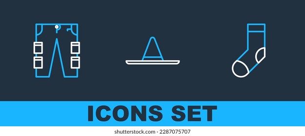 Set line Socks, Cargo pants and Gardener worker hat icon. Vector