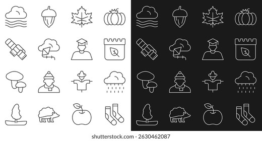 Set line Socks, Cloud with rain, Calendar autumn leaves, Leaf or, Kite, Winter scarf, Windy weather and Graduate and graduation cap icon. Vector